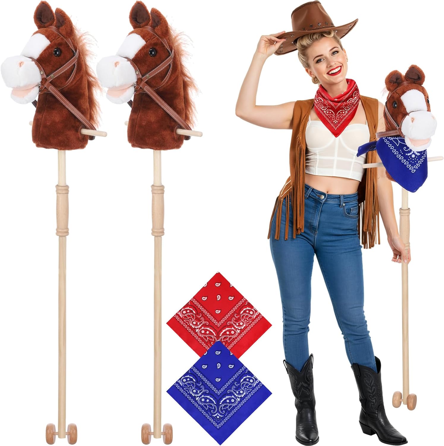 Poen 2 Sets Stick Horse with Red and Blue Bandana, Brown Horse on a Stick with Sound 27.6"...