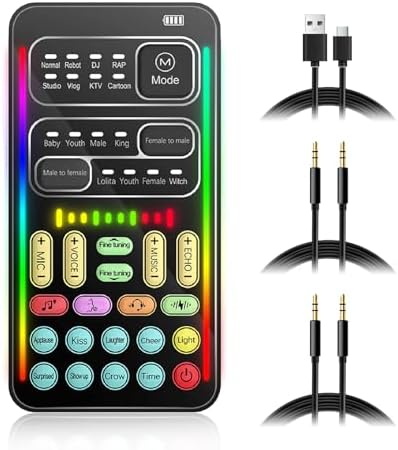 Portable Voice Changer, 8 Voice Changes Live Sound Card, Cool LED Lights Sound Board, Voice...