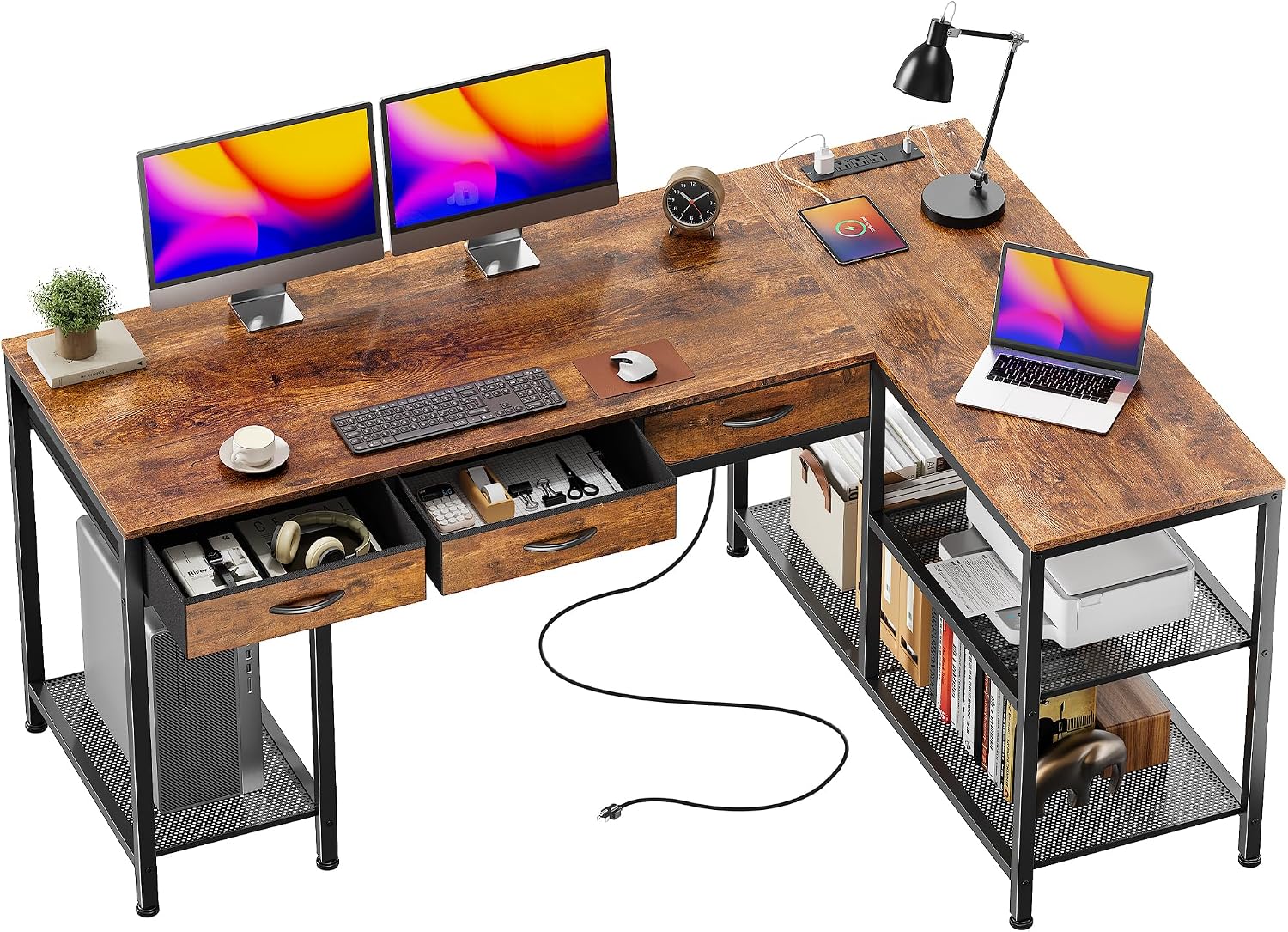 PRAISUN 55 Inch L Shaped Office Desk with Power Outlets and Type-C Port, Large Computer...