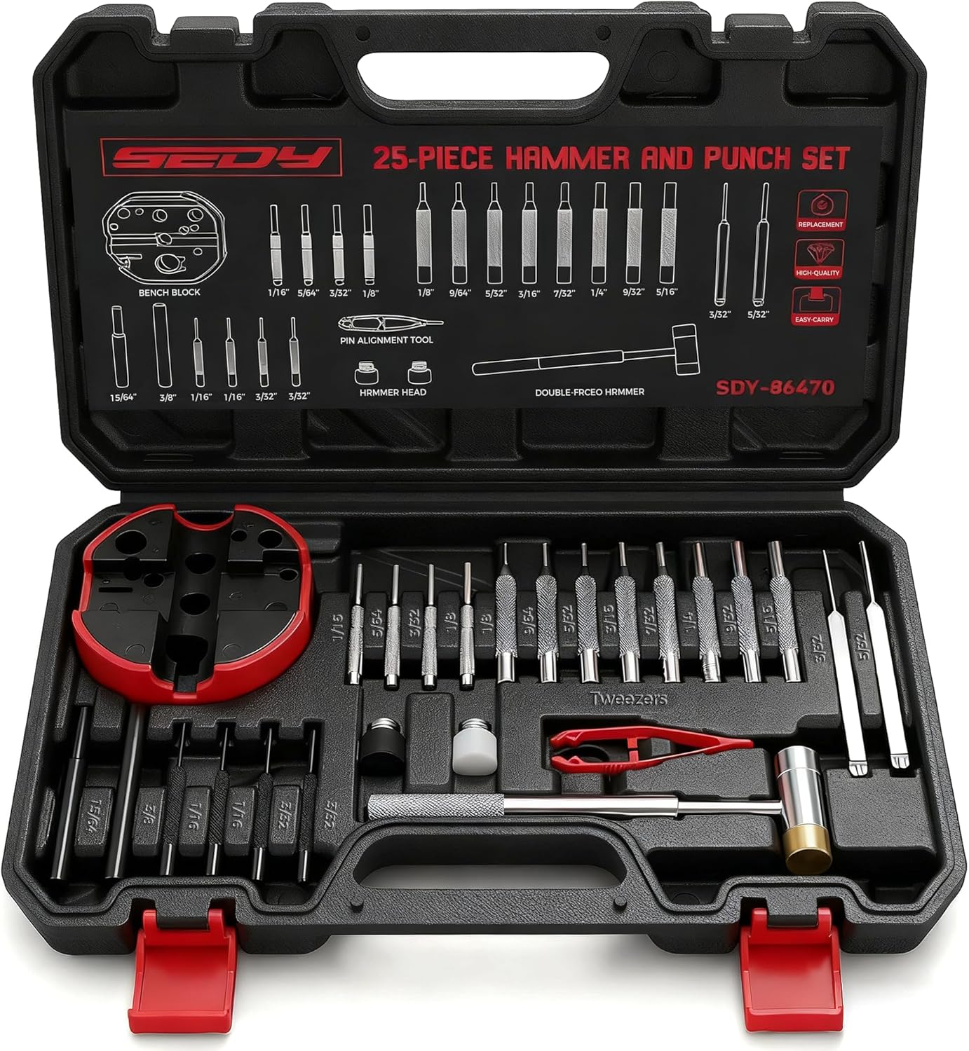Premium Pin Punch Hammer Set: 25-Piece Punch Set and Hammer with Bench Block, Steel Roll Pin...