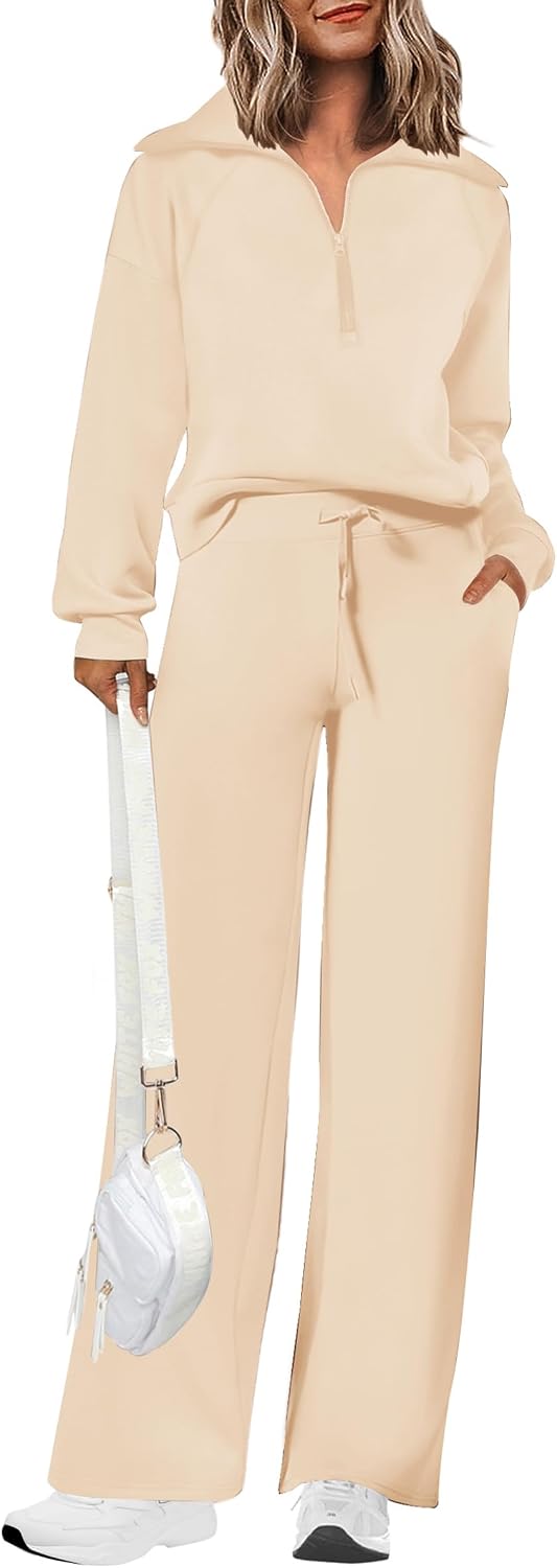 PRETTYGARDEN Women's 2 Piece Outfits Casual Lapel Half Zip Sweatshirts and Wide Leg Pants...
