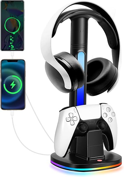 PS5 Controller Charging Station with RGB Headphone Stand, PS5 Controller Charger Holder with...