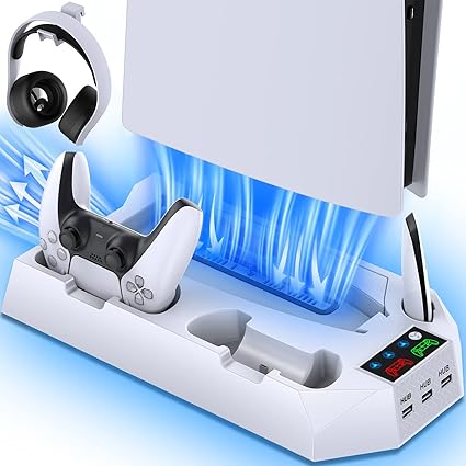 PS5/PS5 Slim/PS5 Pro Stand and Cooling Station with Dual Controller Charging Station for...