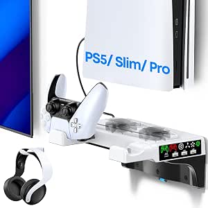 PS5/Slim/Pro Wall Mount Kit with Cooling Fan & Charging Station, PS5 Shelf Floating Mount...