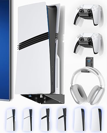 PS5/Slim/Pro Wall Mount with Headset & Controller Holder, Premium PS5 Metal Shelf Floating...