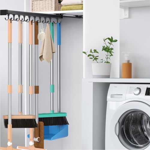 Pull Out Broom Holder With Adjustable Double Row Sliding Hook, Multifunctional Slide Broom...