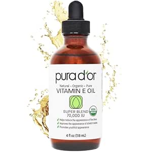 PURA D'OR 4 Oz Organic Vitamin E Oil 70,000 IU, USDA Certified Ayurvedic Skin Care, Face...