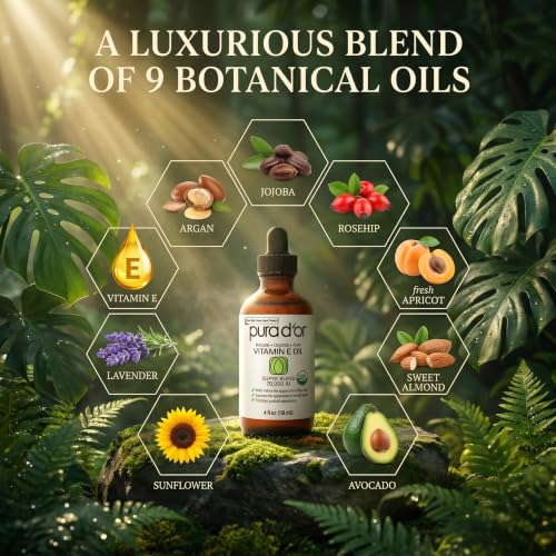 PURA D'OR 4 Oz Organic Vitamin E Oil 70,000 IU, USDA Certified Ayurvedic Skin Care, Face... image