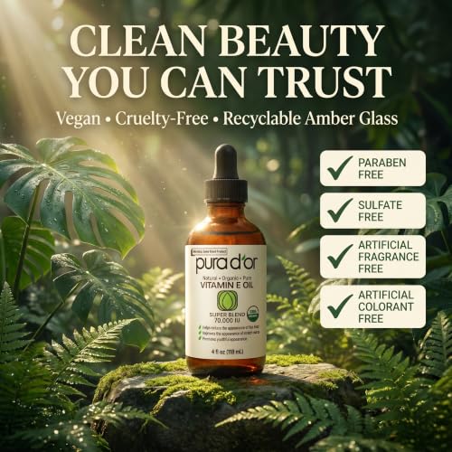 PURA D'OR 4 Oz Organic Vitamin E Oil 70,000 IU, USDA Certified Ayurvedic Skin Care, Face... image