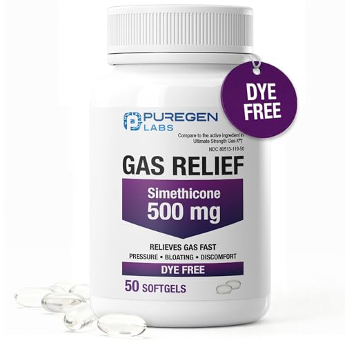 Puregen Labs Gas Relief Softgels with Simethicone 500 mg, Dye Free Formula, Fast Relief from... image