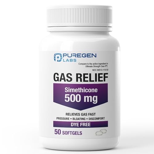 Puregen Labs Gas Relief Softgels with Simethicone 500 mg, Dye Free Formula, Fast Relief from... image