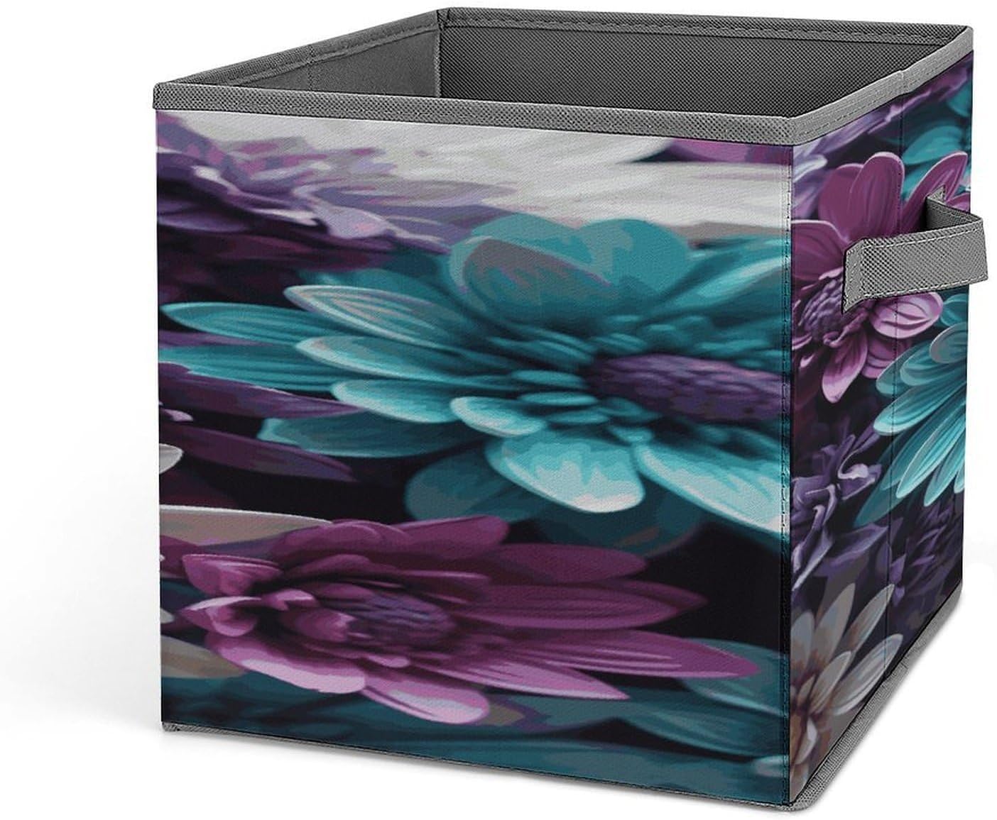 Purple And Teal Flowers Collapsible Storage Bin, Storage Cubes with Handles, Organizer Bin...