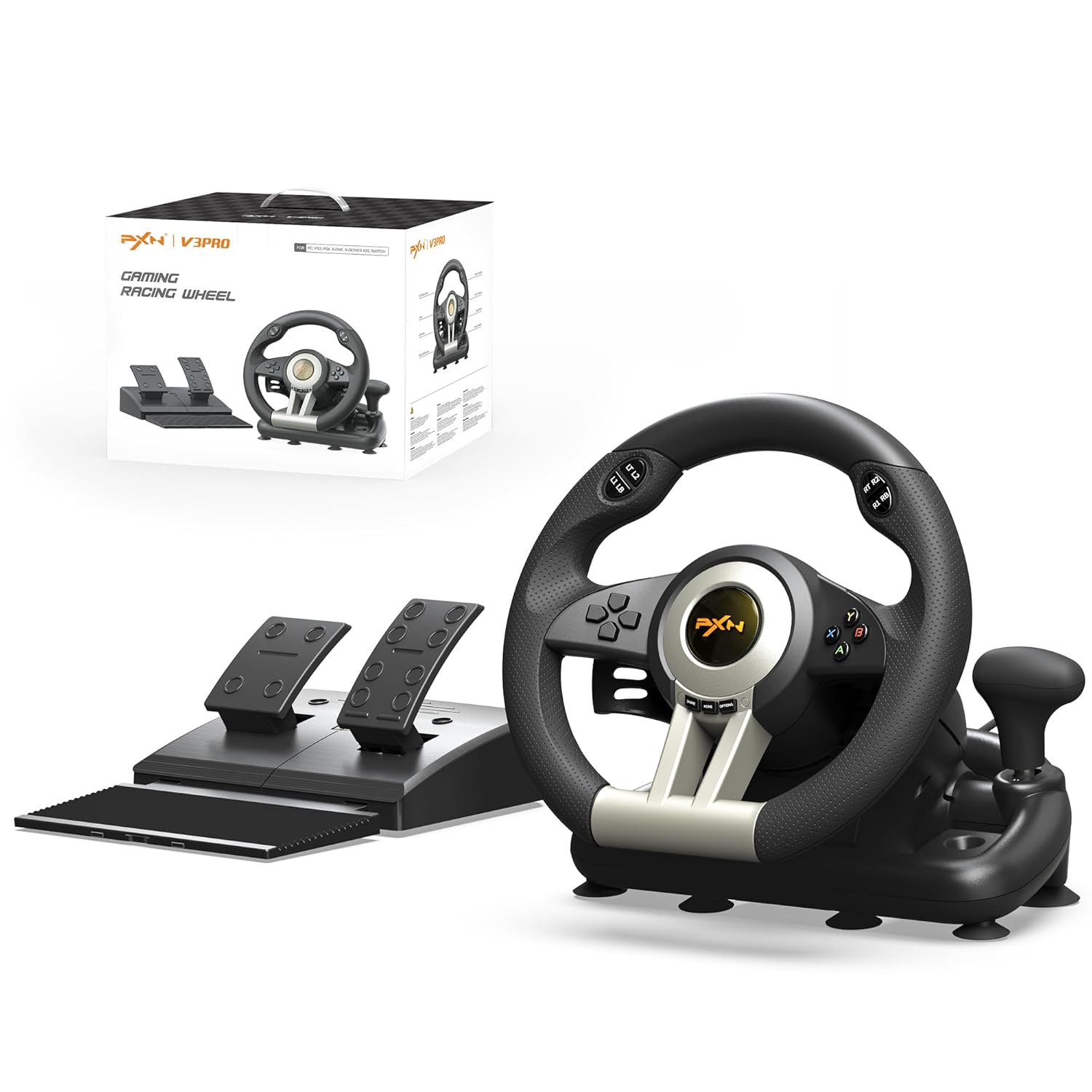 PXN V3 Pro Gaming Steering Wheel with Pedals | Dual Motor Vibration Feedback, Beginner Sim...