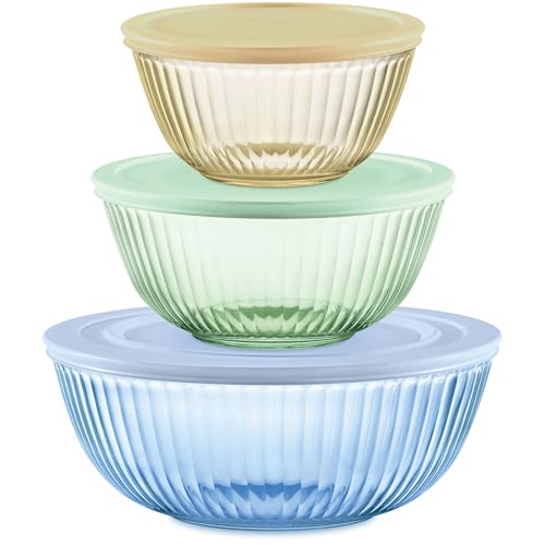 Pyrex Colors Tinted (3-Pack, Full Set) Sculpted Tinted Glass Mixing Bowls With Plastic Lids...