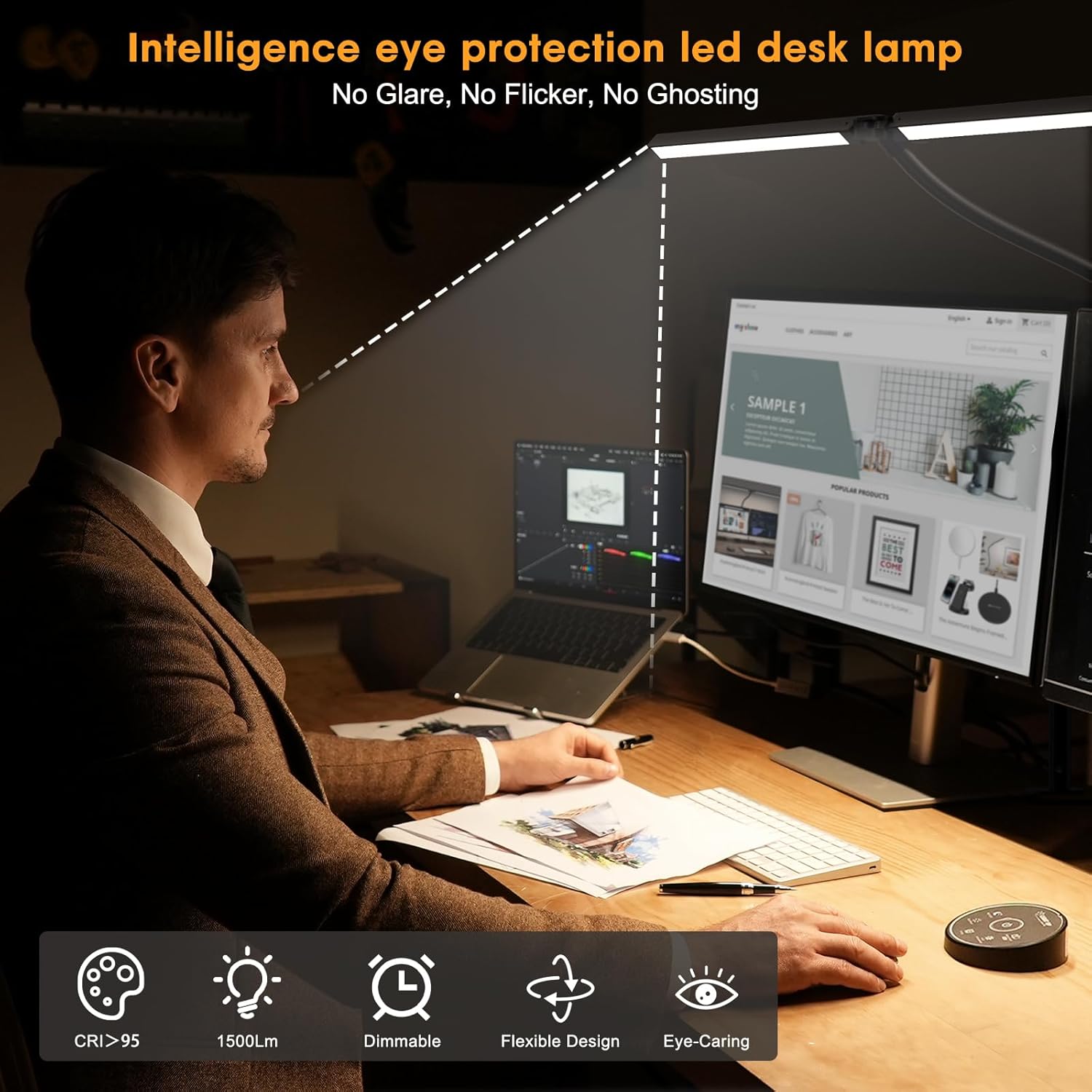 Pzloz Led Desk Lamp for Office Home - Eye Caring Architect lamp with Clamp,Dual Screen...