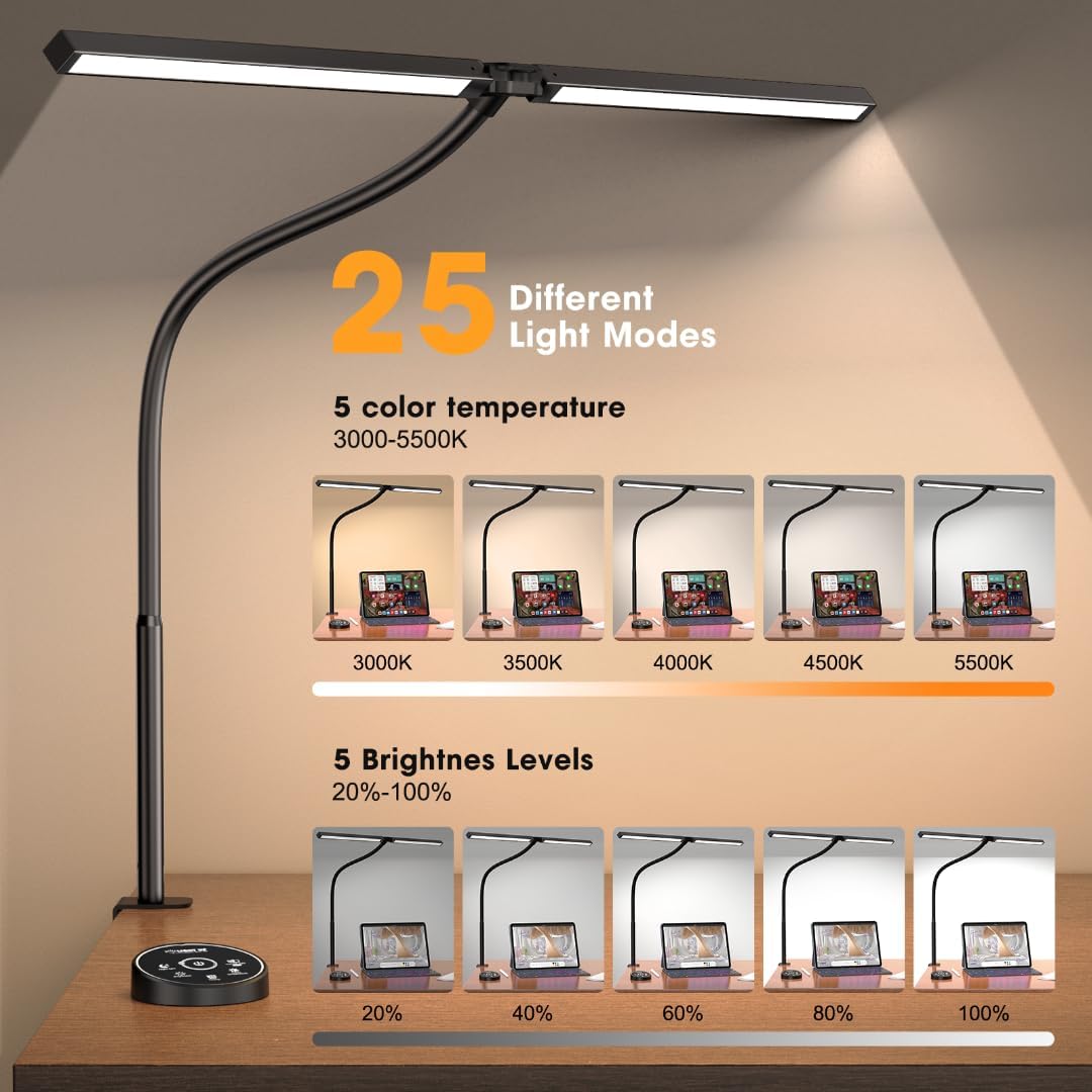 Pzloz Led Desk Lamp for Office Home - Eye Caring Architect lamp with Clamp,Dual Screen... image
