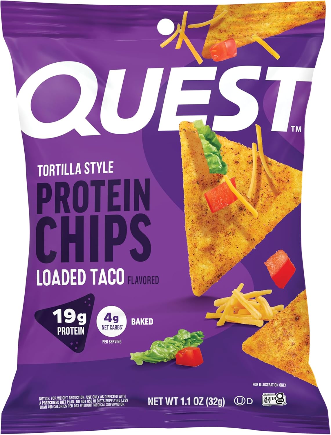 Quest Nutrition Loaded Taco Tortilla Style Protein Chips, 19g Protein, 4g Net Carb, Low...