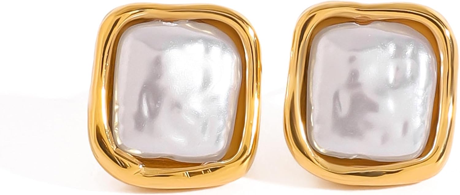 RAUCHBE Chunky Gold Pearl Earrings For Women Big Baroque Pearl Earrings Unique Square...