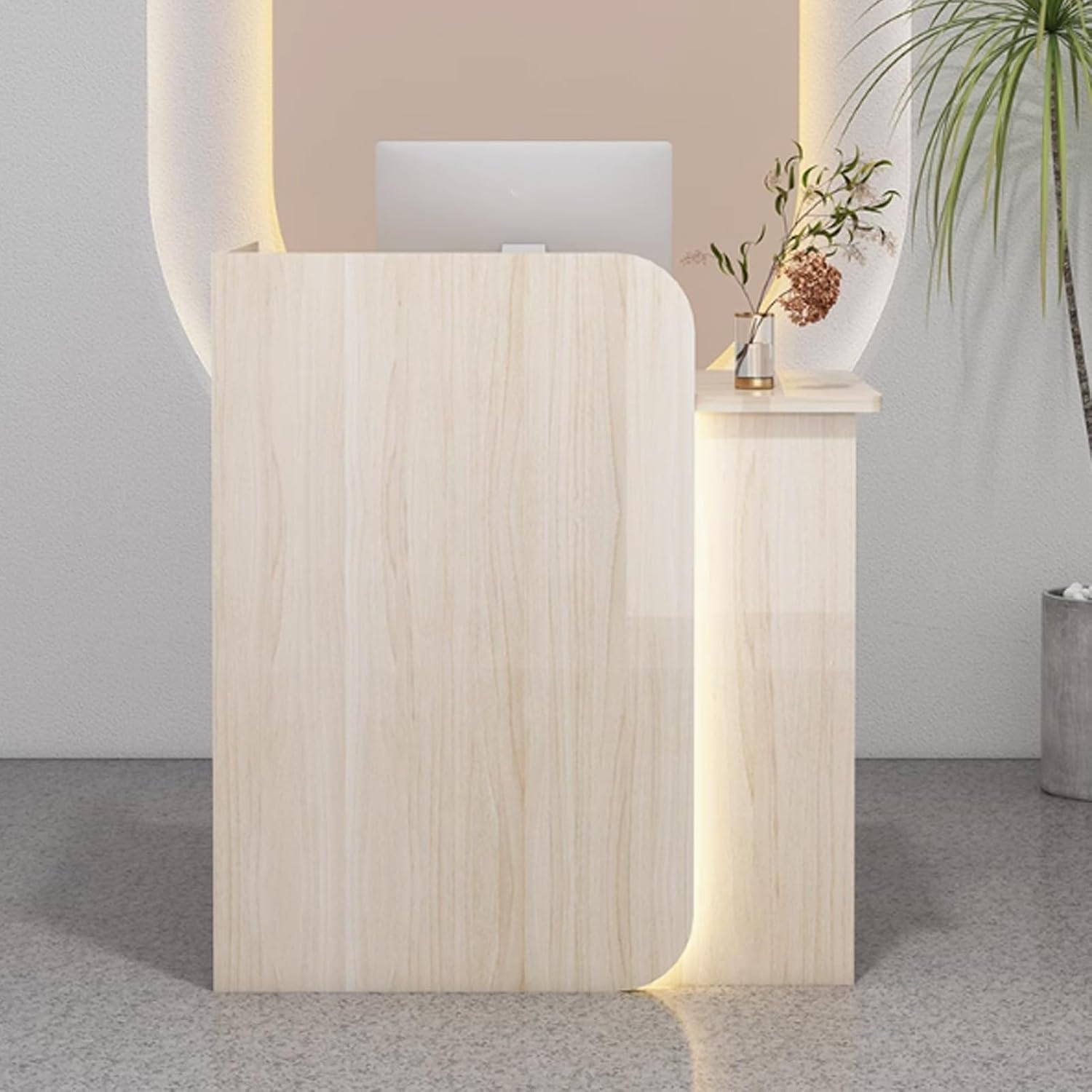Reception Desk, Small Front Counter Desk, Reception Counter with LED Lights, Right High...