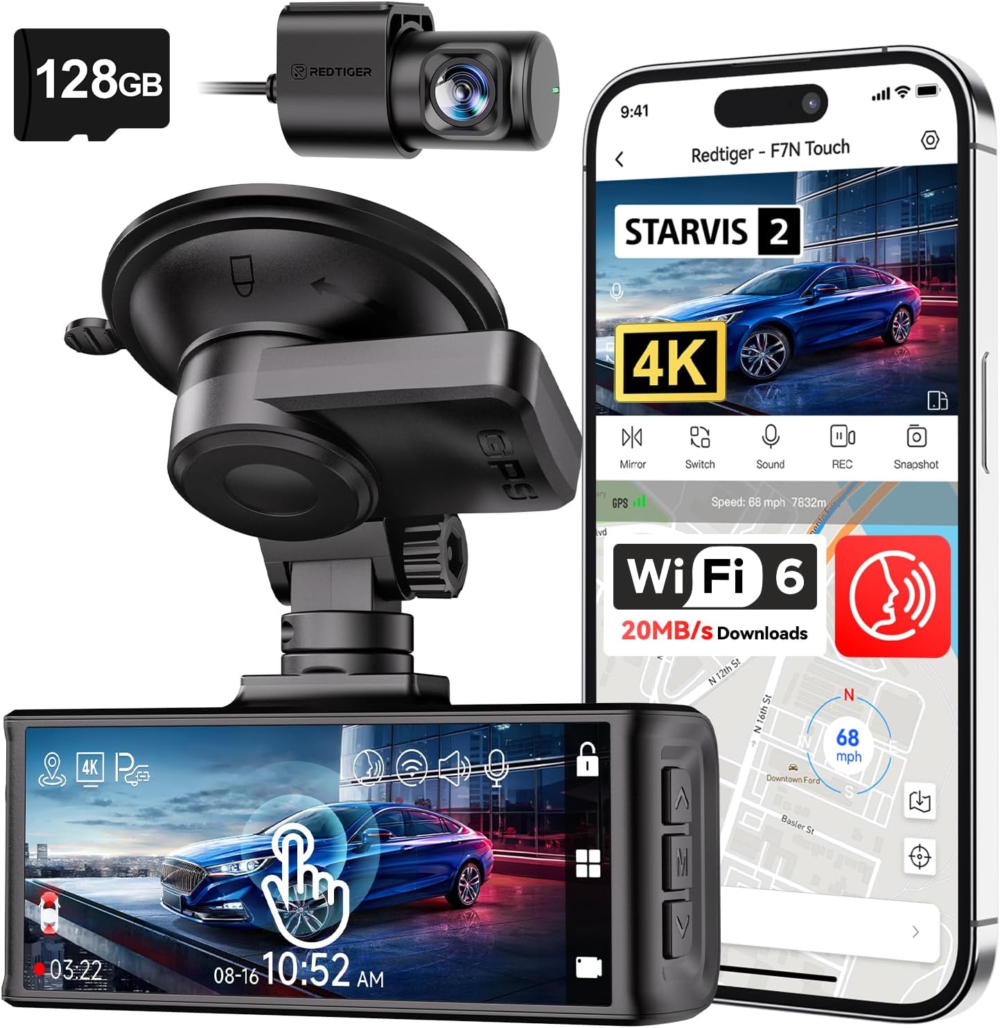 REDTIGER 4K STARVIS 2 Dash Cam Front and Rear, 5GHz WiFi 20MB/s Download, 128GB Card...