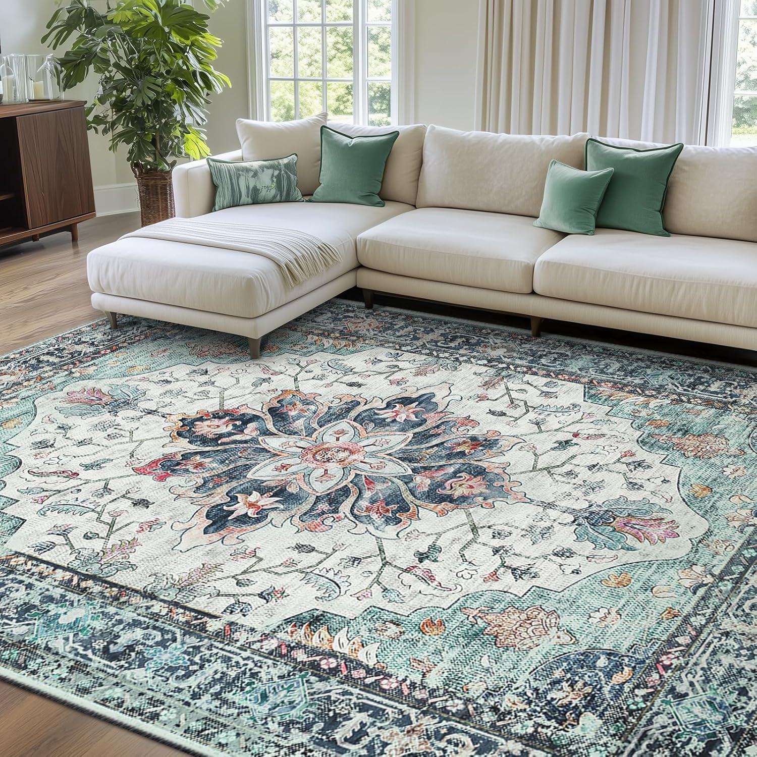 RELEANY Area Rugs 8'x10' Washable Non-Slip, Floral Vintage Distress Medallion Carpet for... image