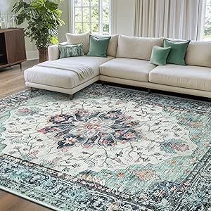 RELEANY Area Rugs 8'x10' Washable Non-Slip, Floral Vintage Distress Medallion Carpet for... image