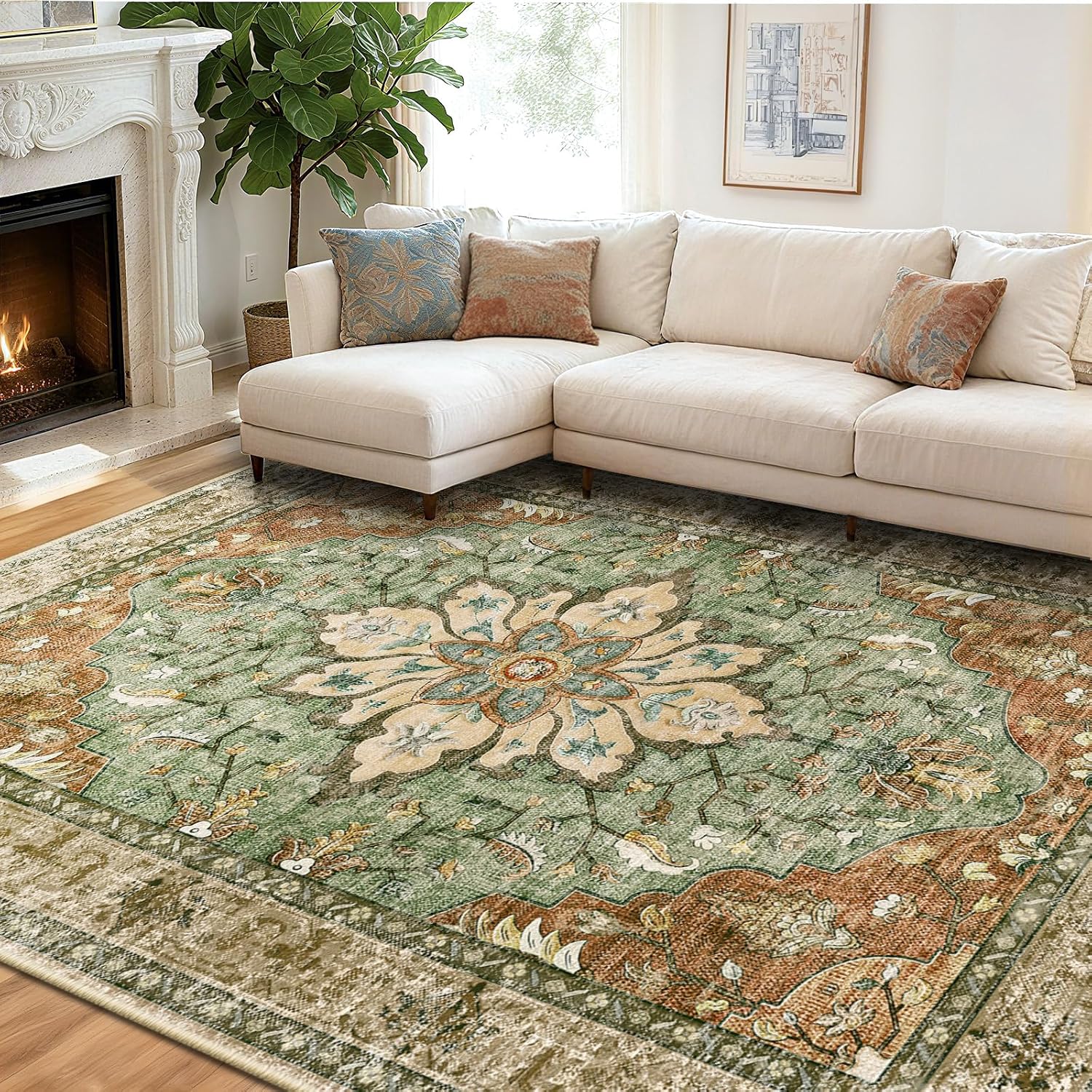 RELEANY Area Rugs 8'x10' Washable Vacuum-Friendly, Non-Slip, Floral Vintage Distress Print...