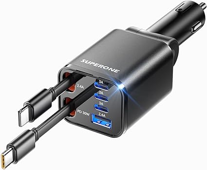Retractable Car Charger, SUPERONE 99W Car Phone Charger with Cables Fast Charging, USB C Car...