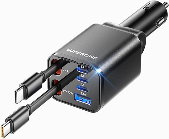 Retractable Car Charger, SUPERONE 99W Car Phone Charger with Cables Fast Charging, USB C Car... image
