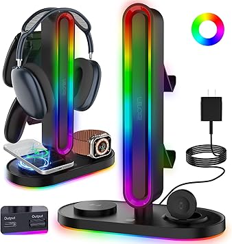 RGB Headset Stand with Wireless Charger, 8-in-1 Charging Station for iPhone, Samsung, Apple... image