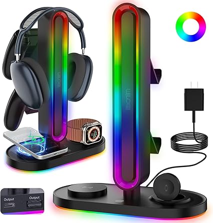 RGB Headset Stand with Wireless Charger, 8-in-1 Charging Station for iPhone, Samsung, Apple...