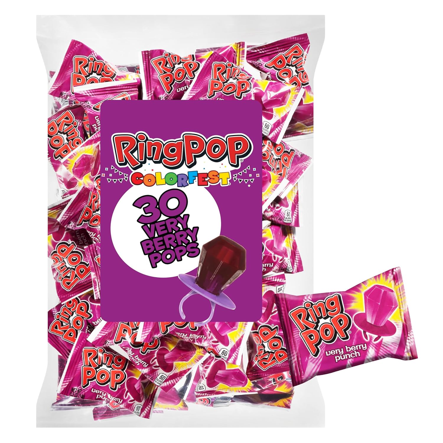 Ring Pop Purple Candy Lollipops, 30Ct Bulk Individually Wrapped in Very Berry Punch Flavor...