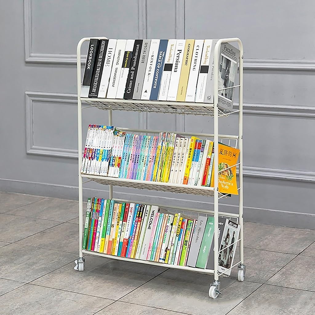 Rolling Book Cart, Moveable Bookshelf Organizer, Metal Shelving with Wheels, Multifunctional...