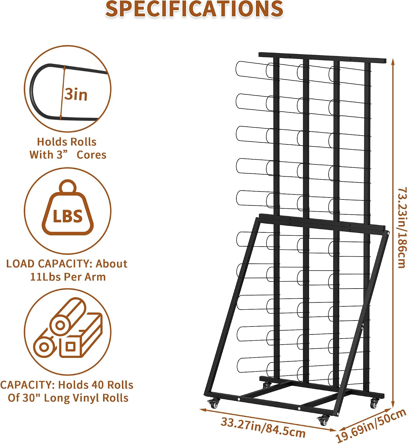 Rolling Vinyl Roll Holder Organizer, Heavy Duty Metal Vinyl Roll Floor Storage Rack, Wall... image
