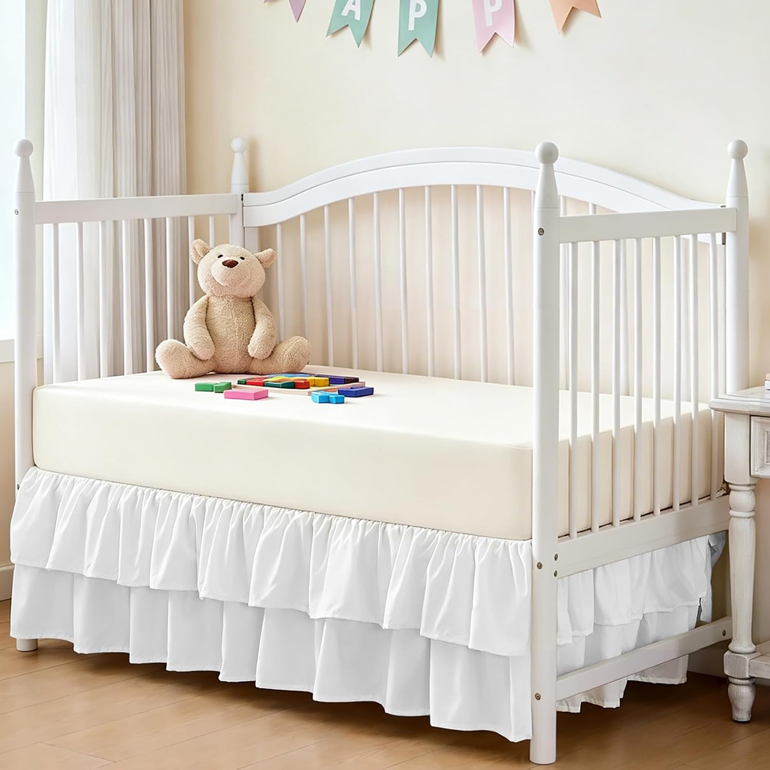 Ruffled Crib Bed Skirt 28"x 52" with 14" Drop, Soft Double Layer Nursery Dust Ruffle Skirt...