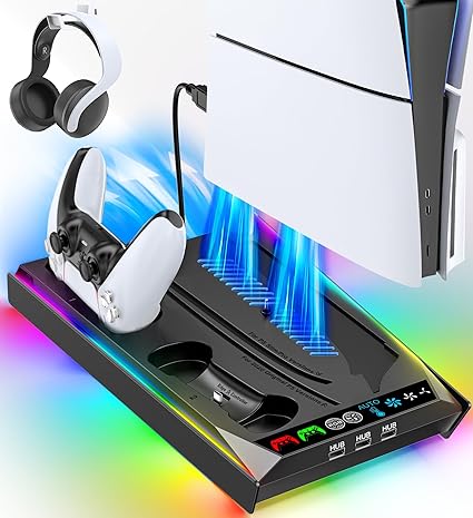 Rysker PS5/Slim/Pro Stand, PS5 Cooling Station Built-in 3-Level Cooling Fan & Fast Charger...