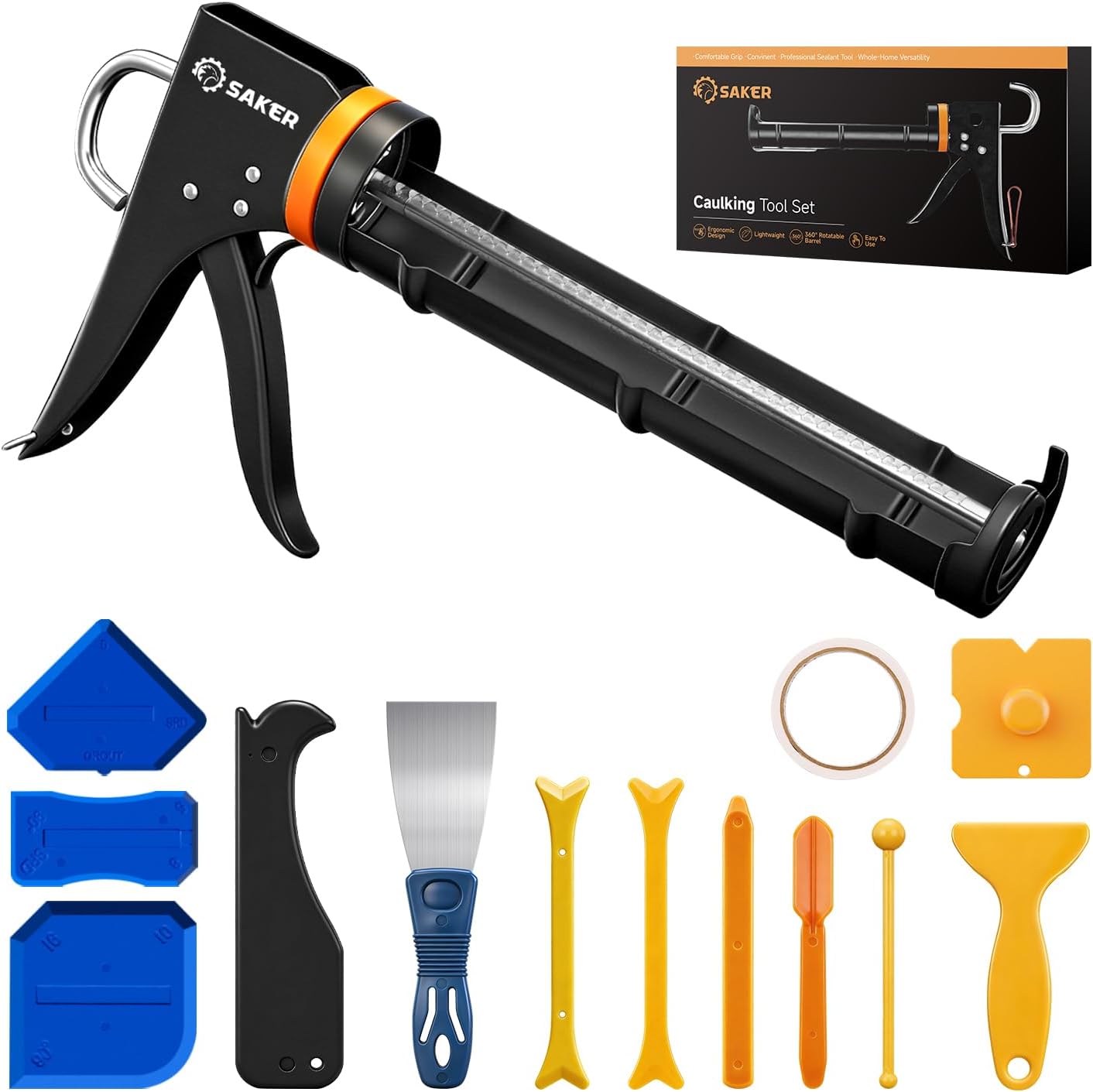 Saker Caulk Gun Kit, Manual Caulking Gun with 11-in-1 Caulking Tool Set, Silicone Sealant...