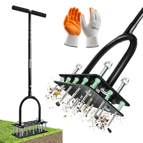 Saker Manual Lawn Aerator Tool with 15 Iron Spikes Adjustable Height, Double-Layer Spring...