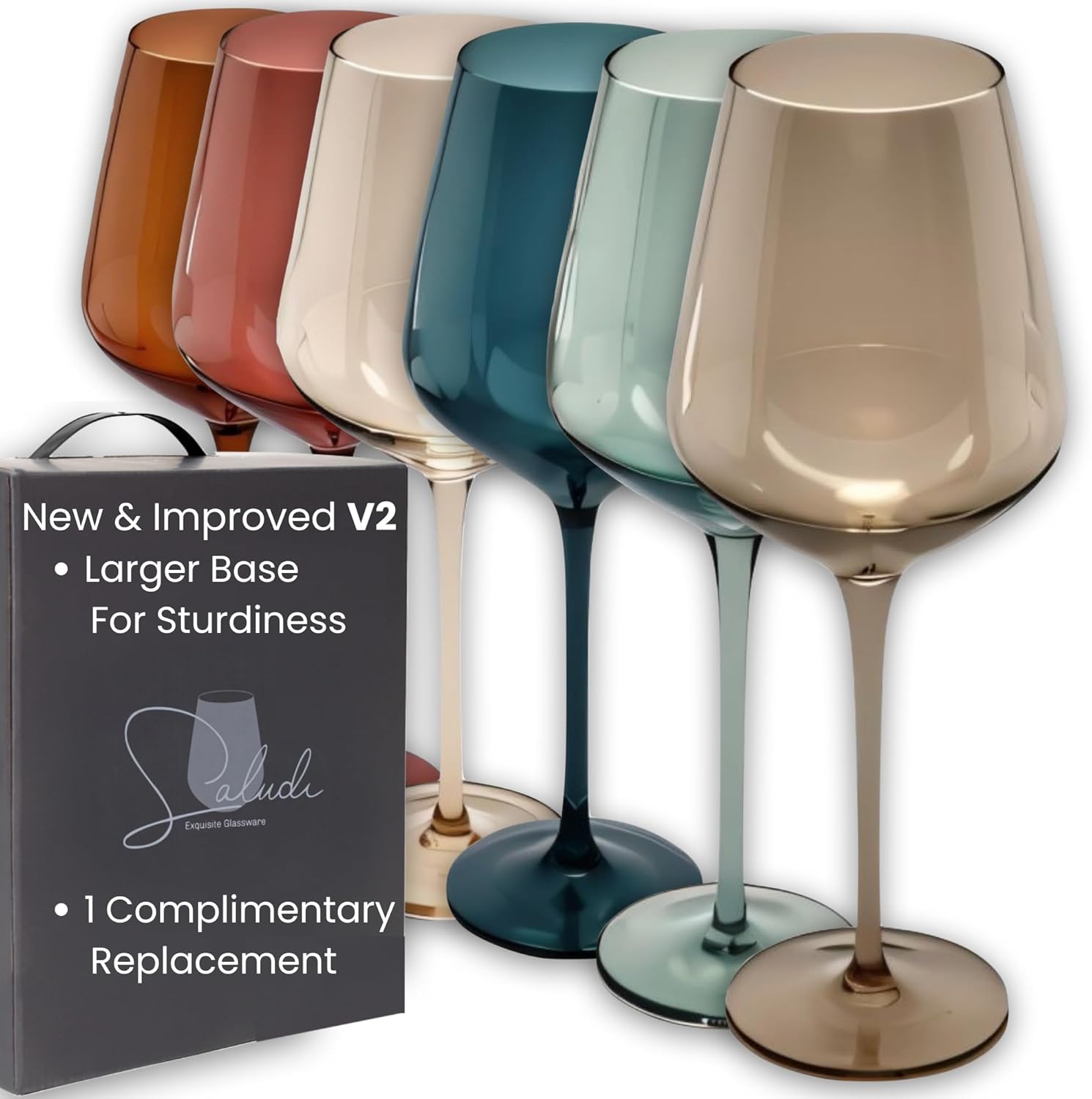 Saludi Colored Wine Glasses, 16.5oz (Set of 6) Stemmed Multi-Color Glass - Great for all...
