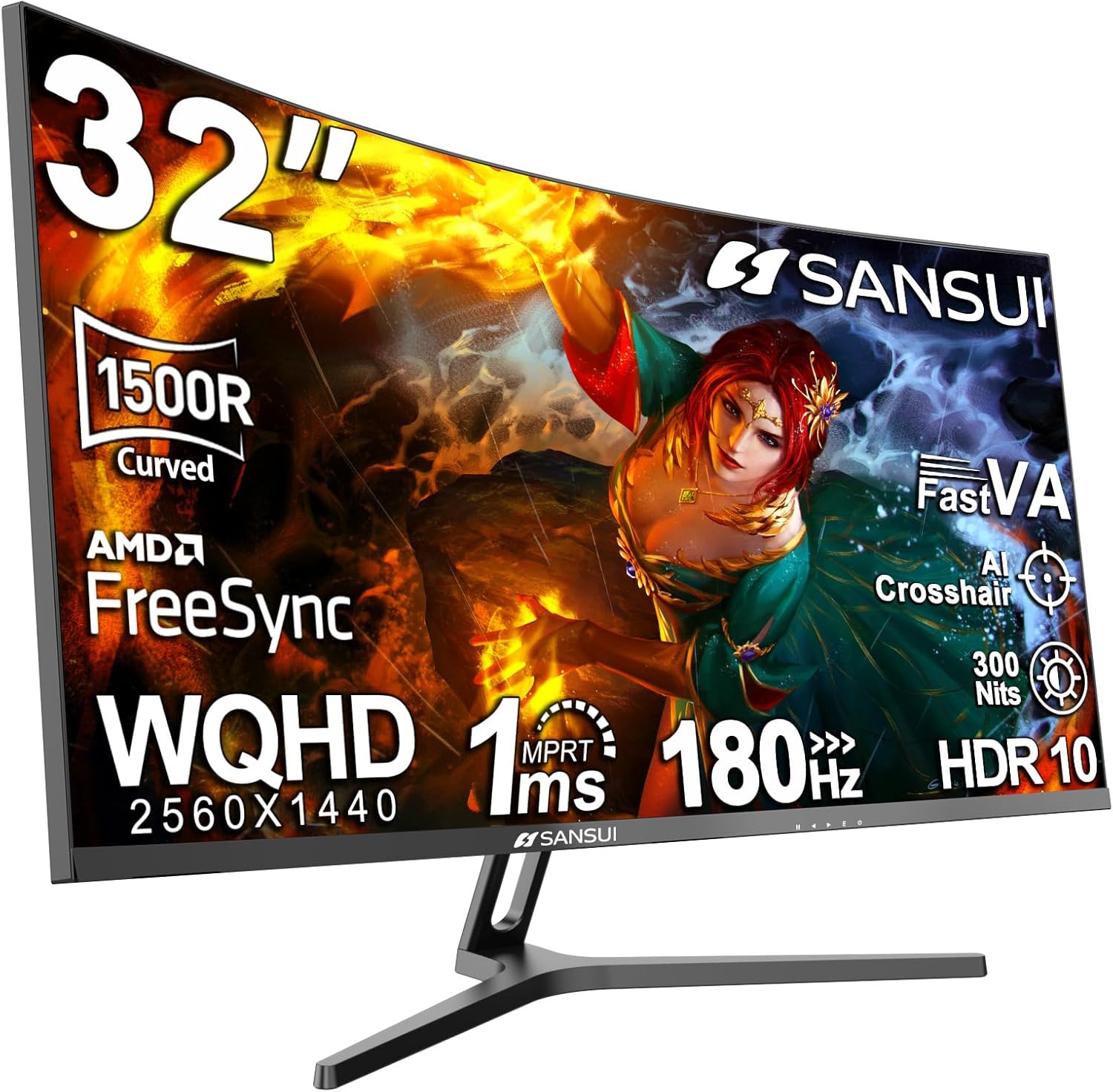SANSUI 32-Inch Curved Gaming Monitor WQHD 2560 x 1440 180Hz Curved 1500R -Fast VA,1ms(OD)...