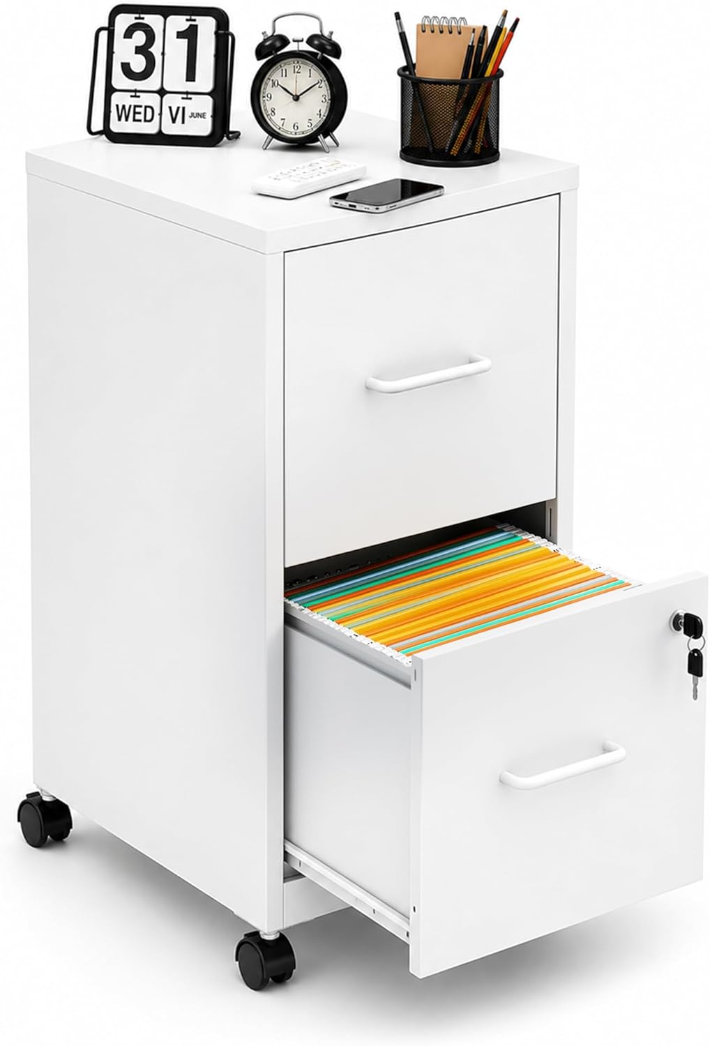 SAWJEC 2 Drawer Metal File Cabinet with Lock, White Mobile Filing Cabinet for Home Office...