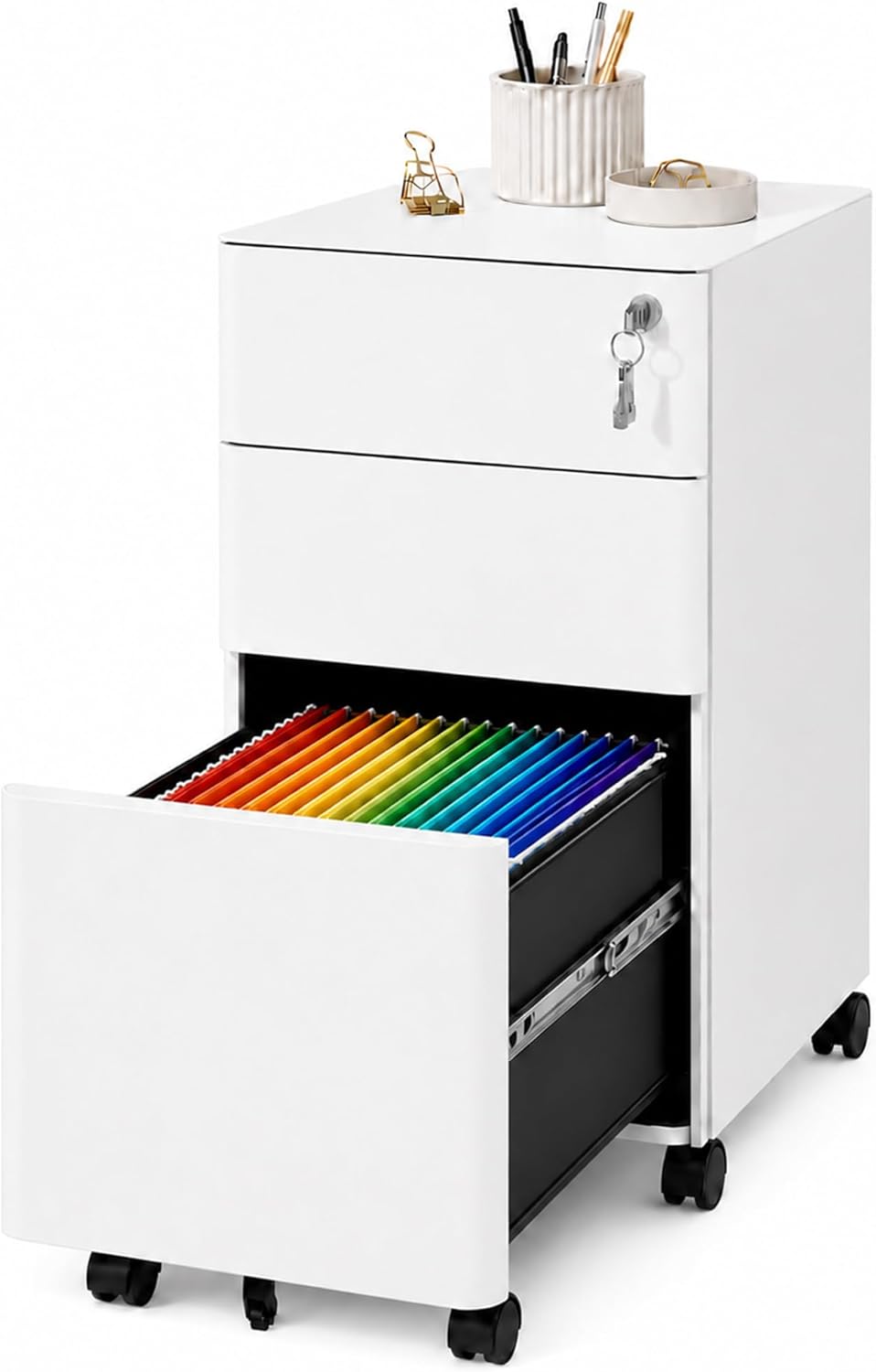 SAWJEC 3 Drawer File Cabinet with Lock, 11.8" W Fully Assembled Rolling Printer Stand Under...