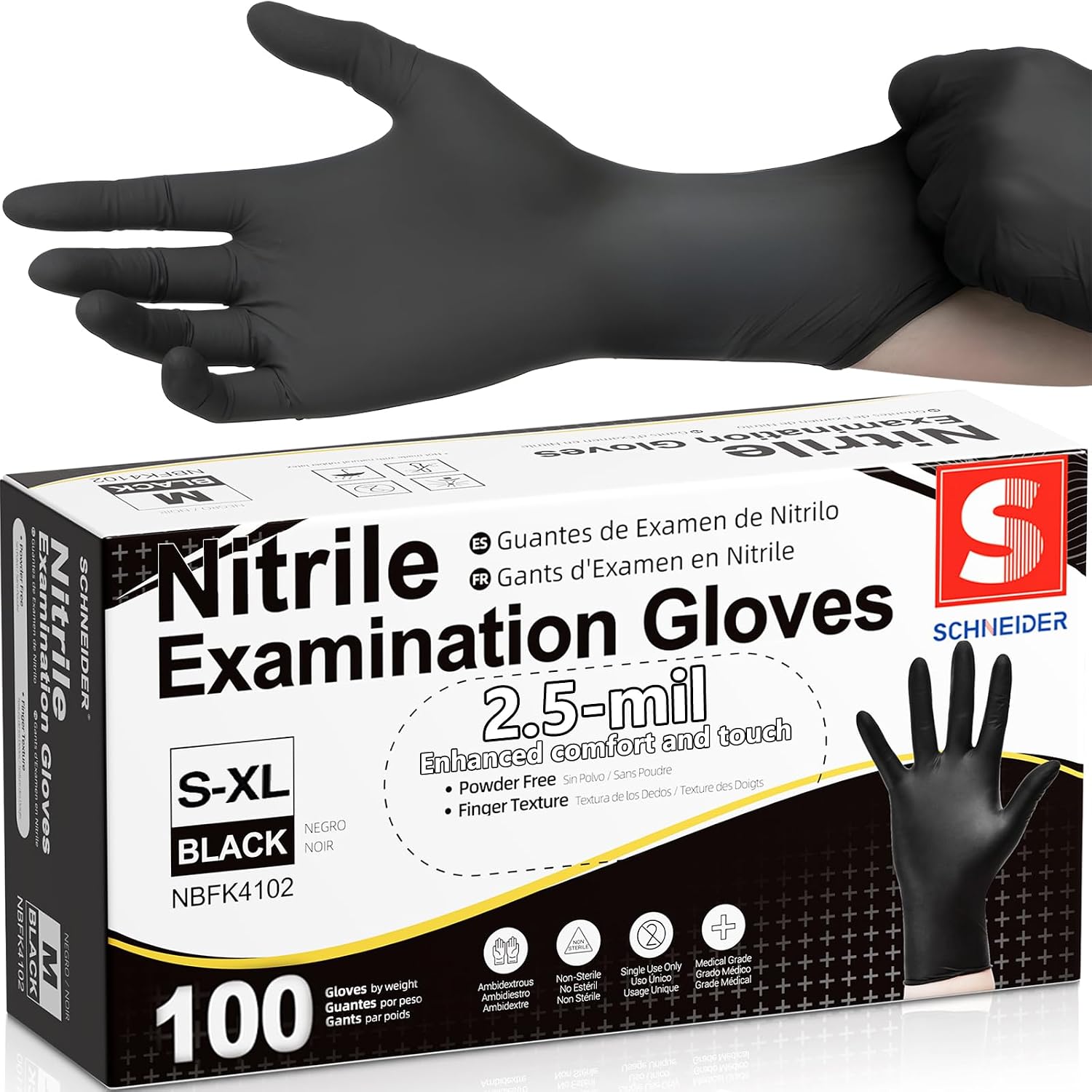 Schneider Medical Black Nitrile Gloves, Powder Free, Disposable Gloves Latex Free for...