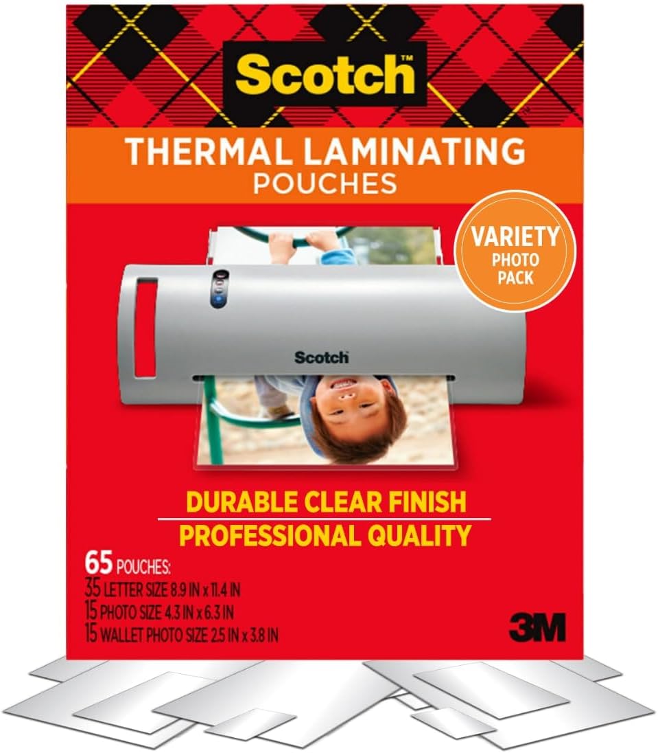 Scotch Thermal Pouches, Variety Pack, Letter Size, 4 in x 6 in Size, and Wallet Size Pouches image