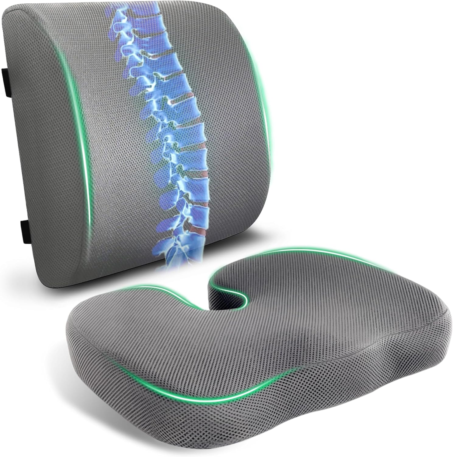 Seat Cushion & Adjustable Lumbar Support Pillow Set, Charcoal Memory Foam Back & Tailbone...