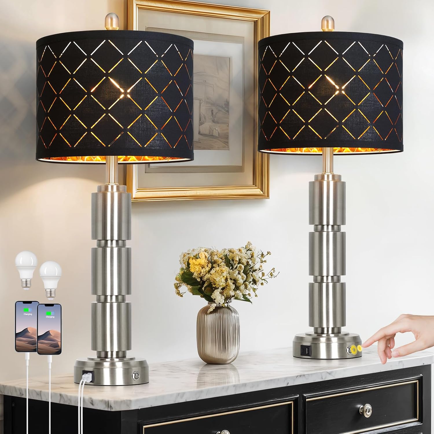 Set of 2 Modern Table Lamps for Living Room Bedroom,29" Tall Bedside Lamp with 2 USB...