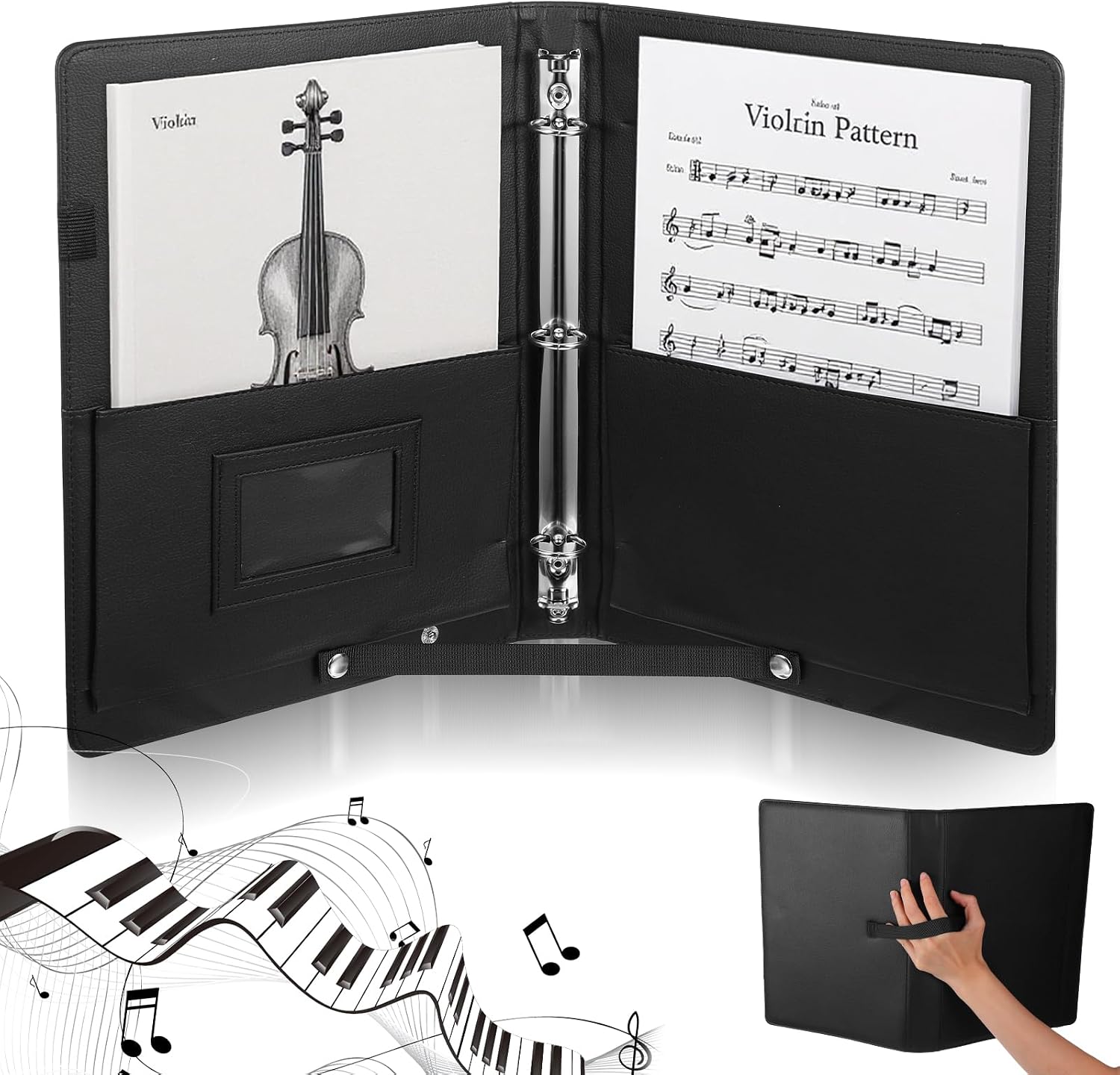 Sheet Music Folder 3 Ring Music Binder - 13" x 9.8", Large Black PU Choral Music Folders 3...