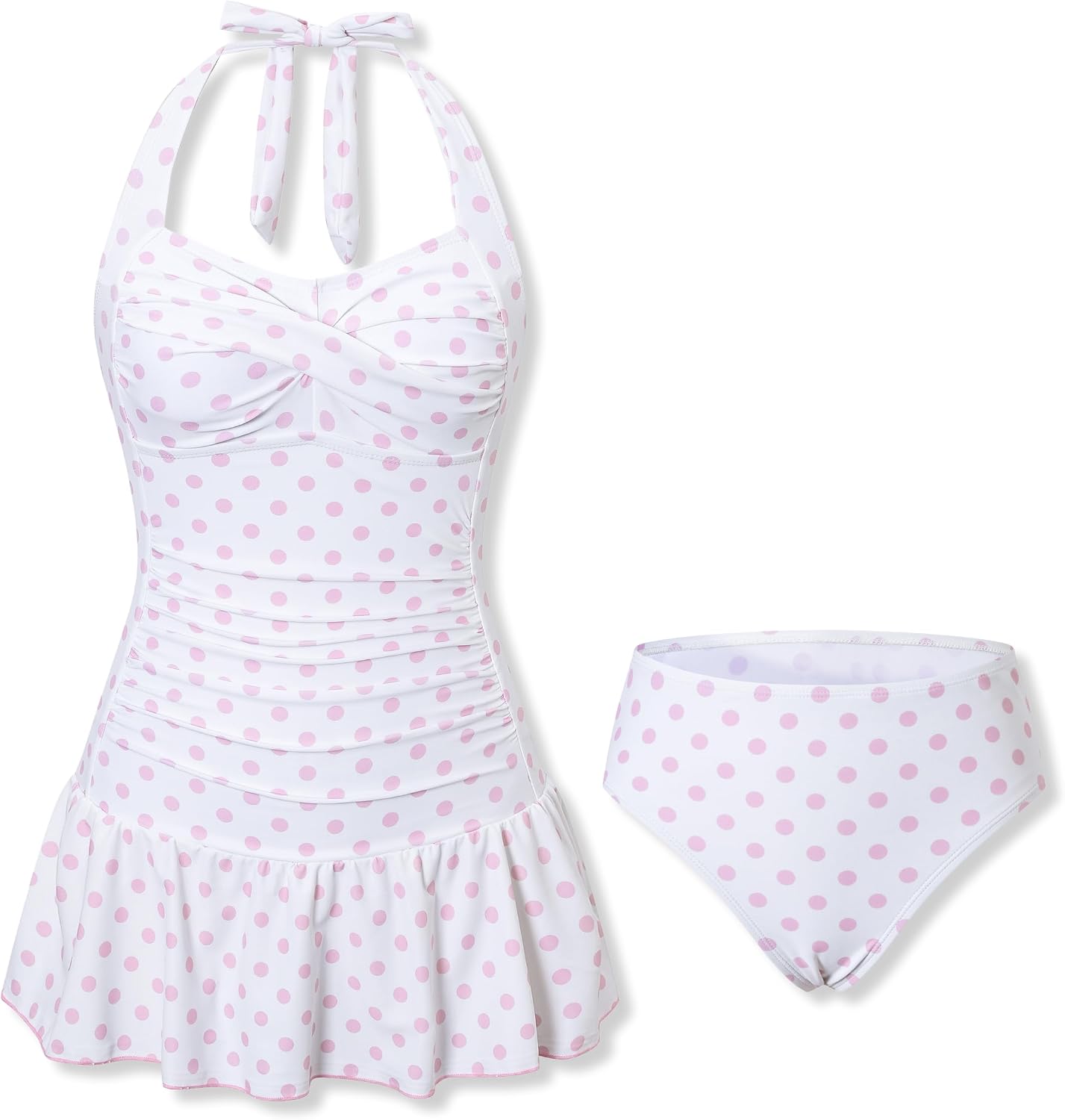 Size 10-17Y Teen Girls Swimsuits Halter Neck Polka Dots Two Piece Cover Up Skirt Bathing...