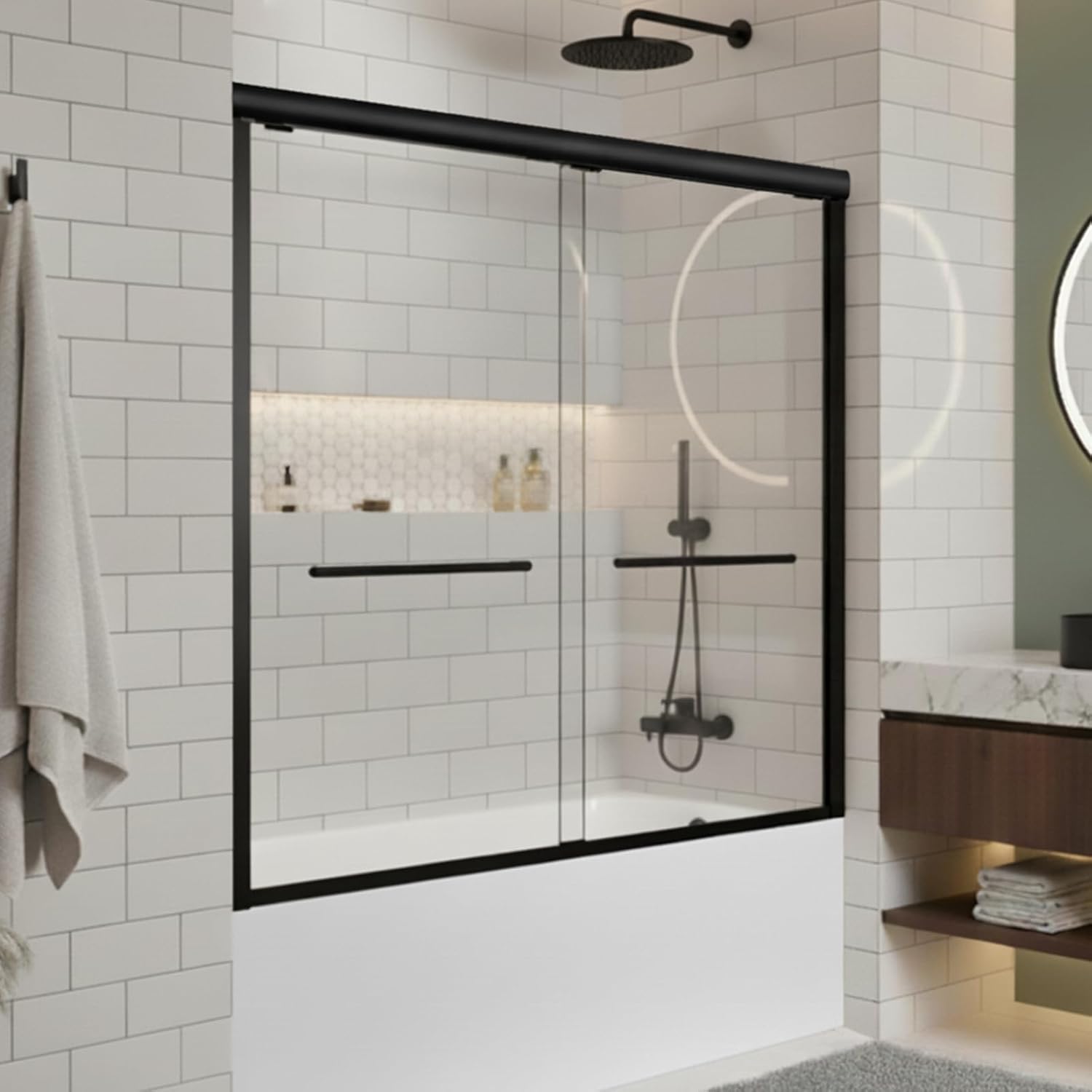 Sliding Bathtub Shower Door, 56-60" W x 57" H Glass Shower Door, Matte Black Aluminum Frame...