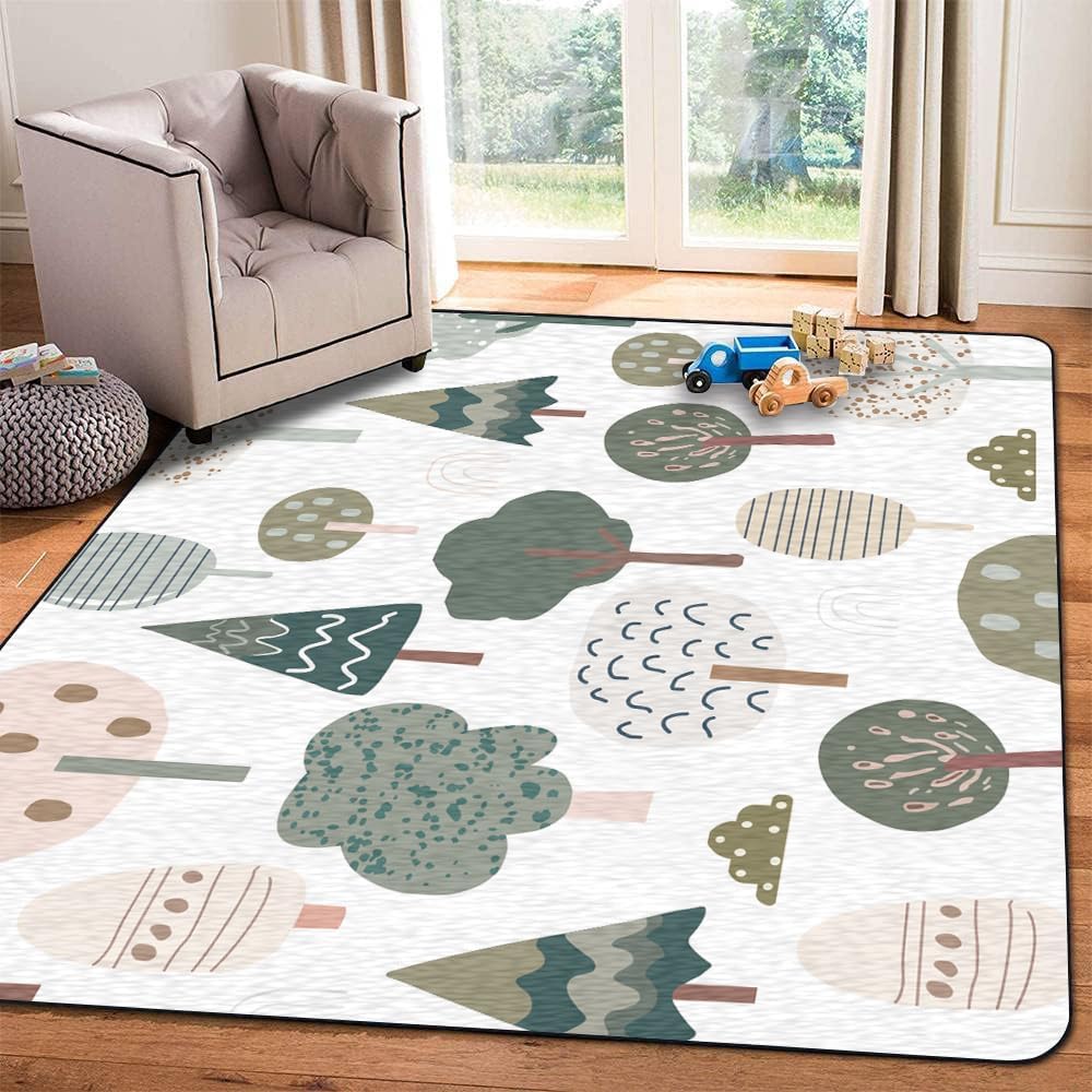 Soft Kids Play Area Rugs 3D Home Seamless Trendy Forest Texture Abstract Hand Drawn Tree...